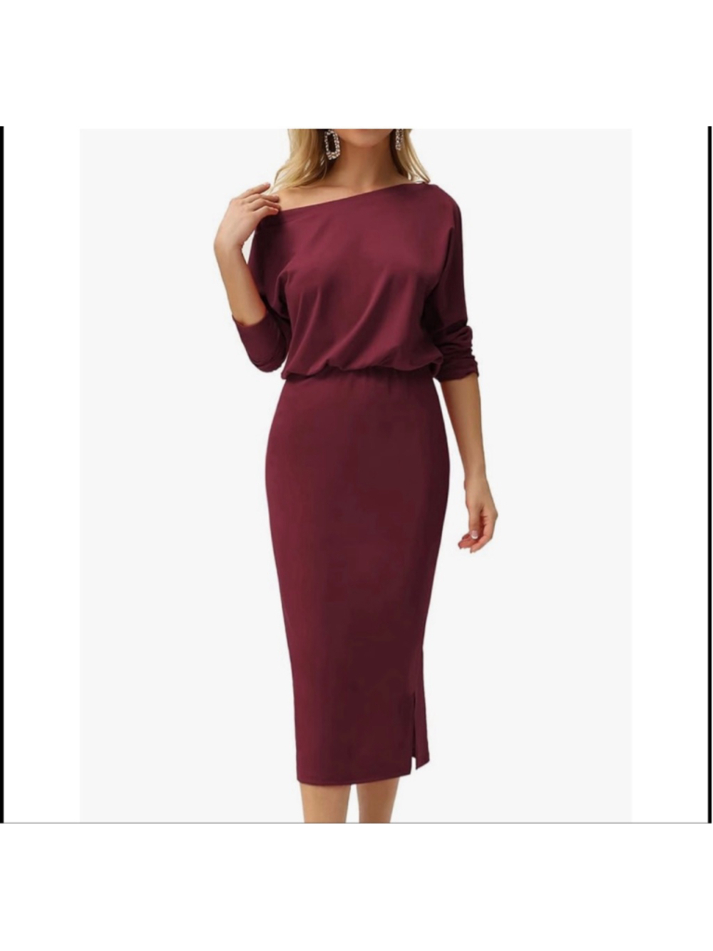 Grace Karin Off Shoulder 3/4 Sleeve Midi Dress L Red Burgundy